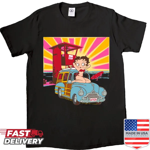 Vintage Betty Boop portrait with surfboard on beach t-shirt