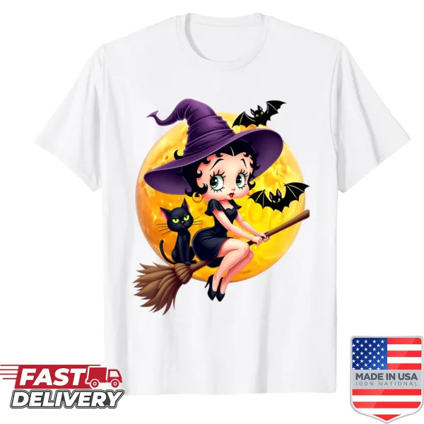 Cartoon graphic of Betty Boop as a witch on a Halloween shirt