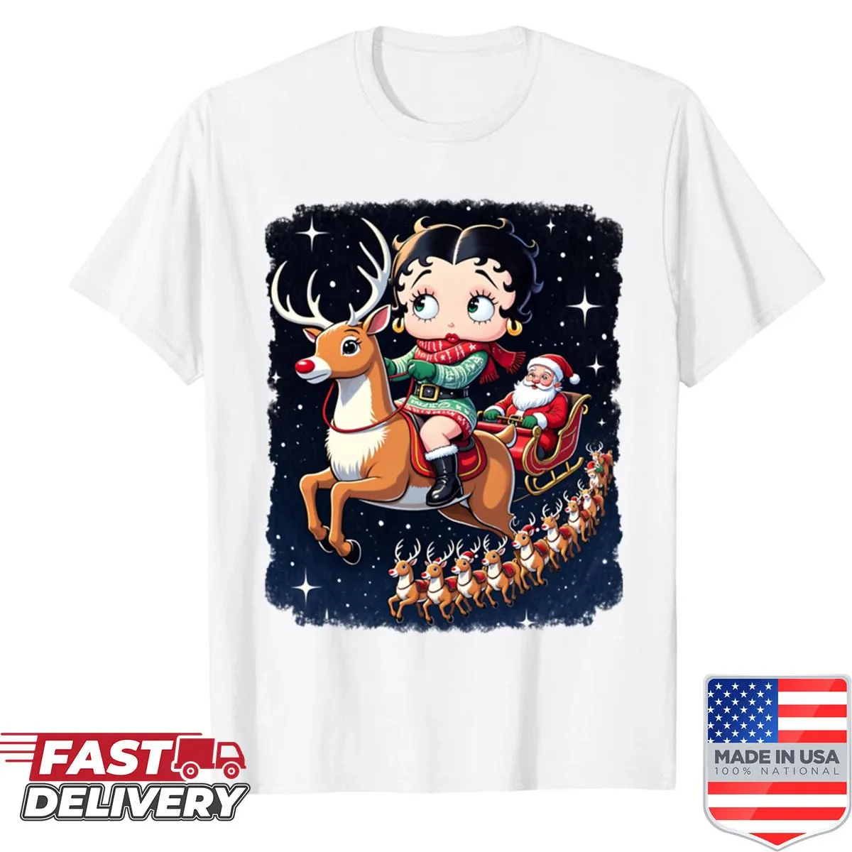 Betty Boop with Rudolph in a festive Christmas scene