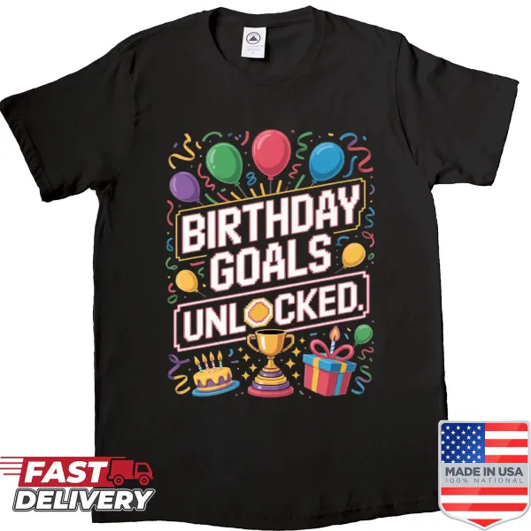 Funny gamer birthday shirt with 'Goal Unlocked' text