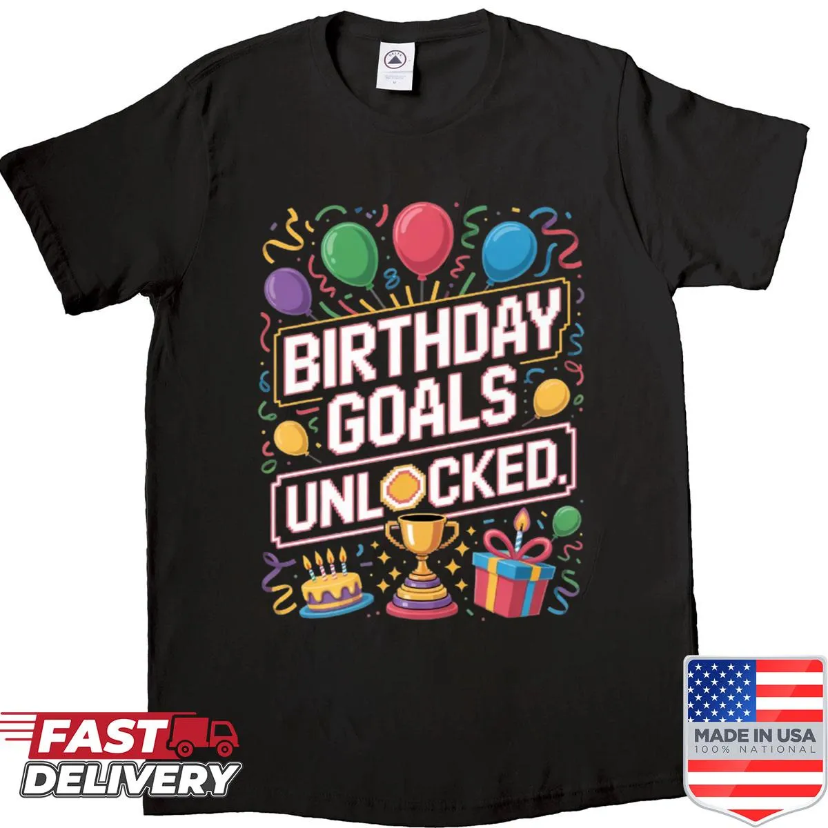 Funny gamer birthday shirt with 'Goal Unlocked' text