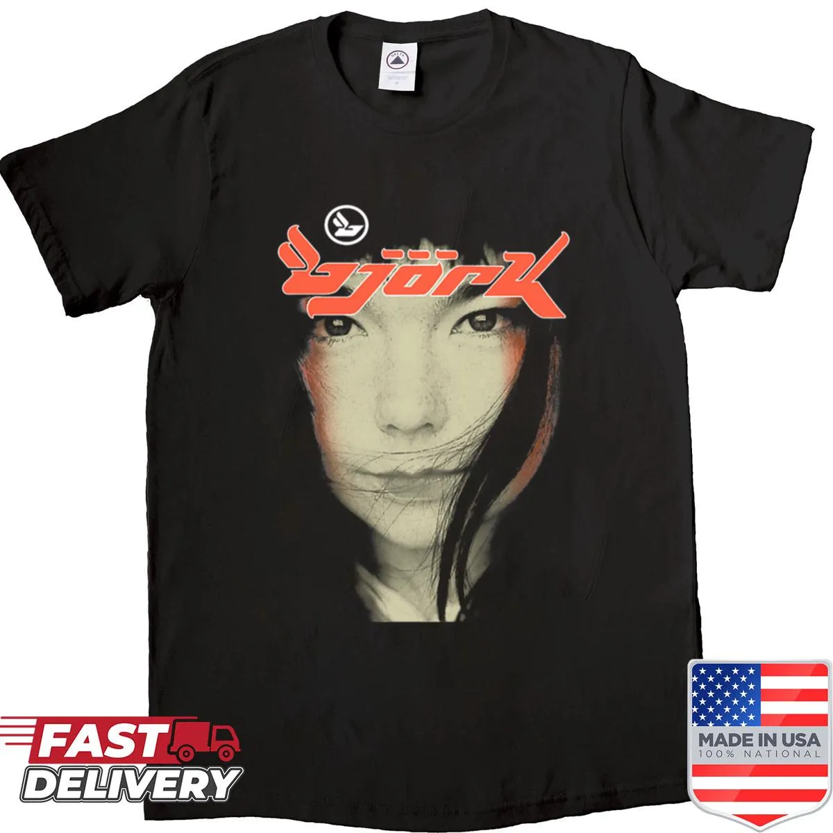 Oversized shirt featuring a vintage photograph of Bjork with the 'Homogenic' logo