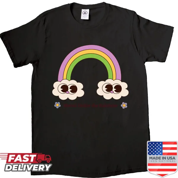 Illustrative t-shirt with flowers and a rainbow symbolizing positivity.