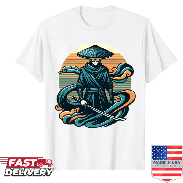 Retro vintage samurai T-shirt with blue eye design