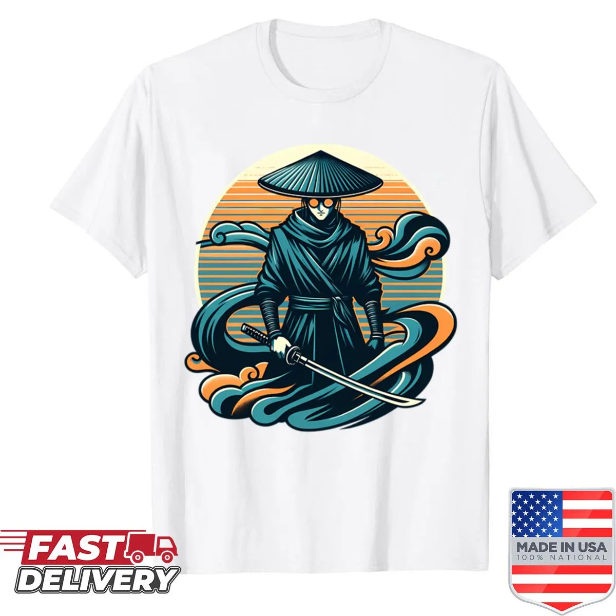 Retro vintage samurai T-shirt with blue eye design