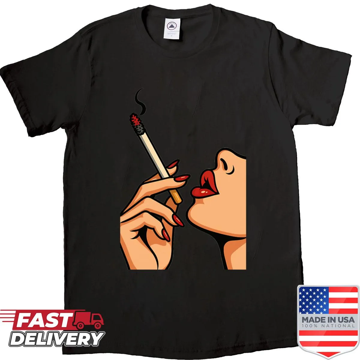 Bold pop art illustration of a woman smoking on a t-shirt