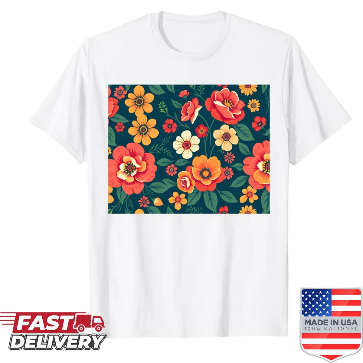 Oversized navy shirt with bold retro orange and red floral pattern