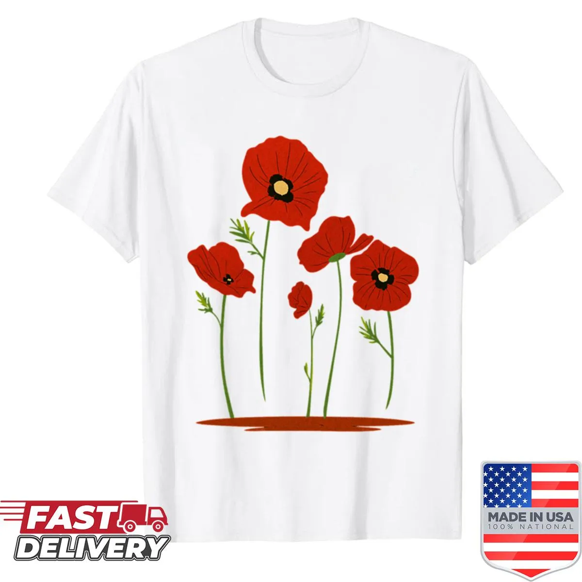 Vintage nature botanical T-shirt with red poppy flower design