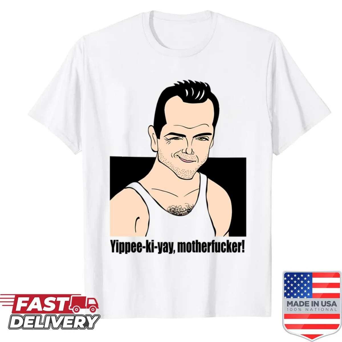 Illustrative T-shirt featuring Bruce Willis in Die Hard