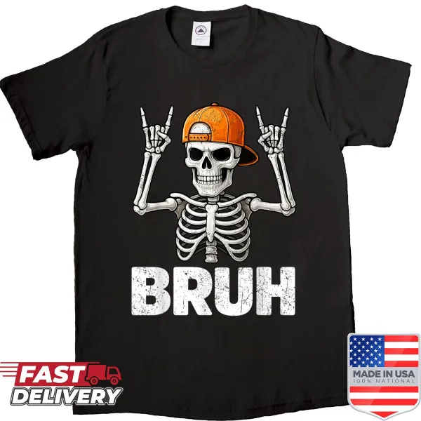 Funny Halloween shirt featuring a skeleton in a rock-on pose