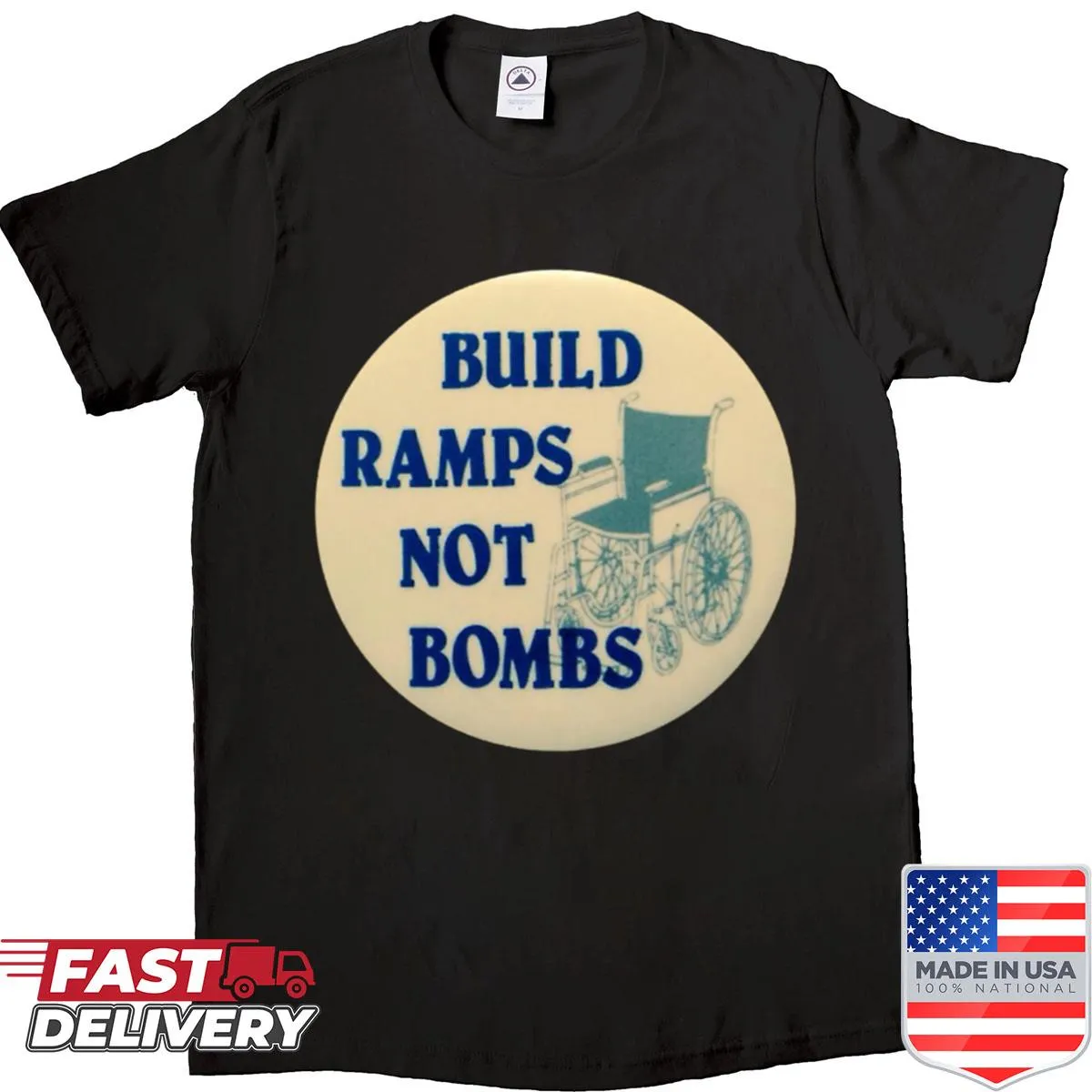 Art shirt with a message to build ramps instead of bombs