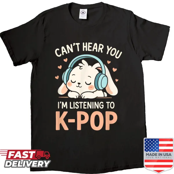 Cute cartoon rabbit with the phrase 'Can't Hear You' on a shirt