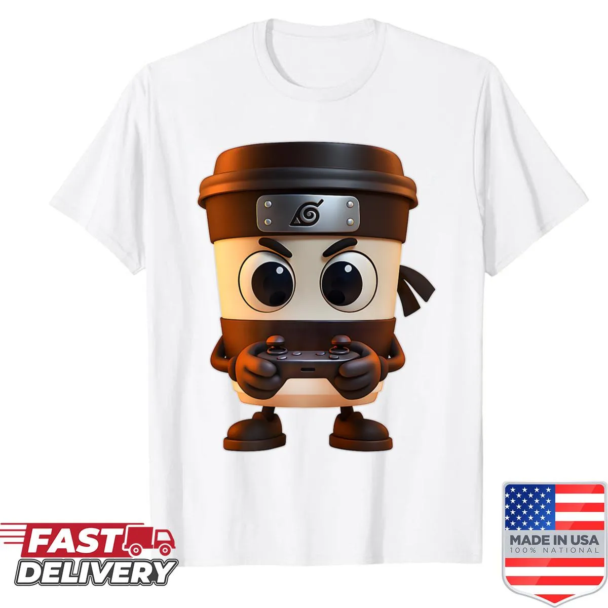 Funny ninja gamer shirt with cappuccino illustration and humorous text