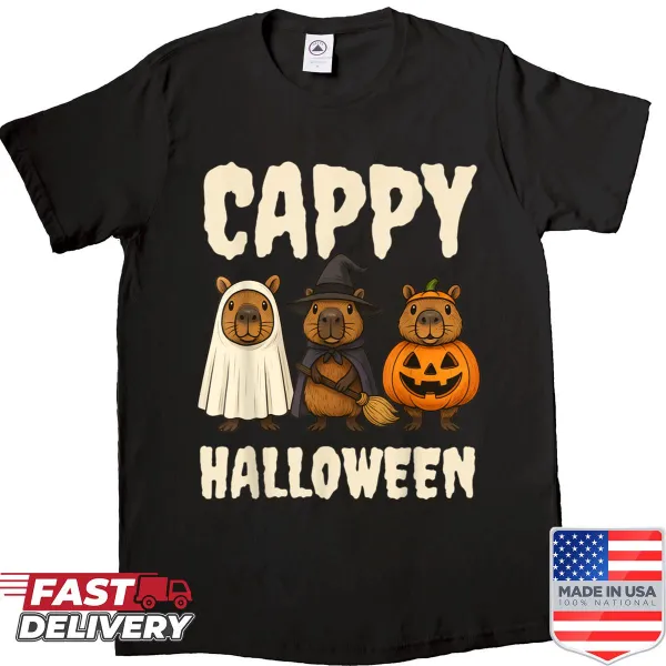 Funny capybara dressed as a ghost witch with a pumpkin graphic