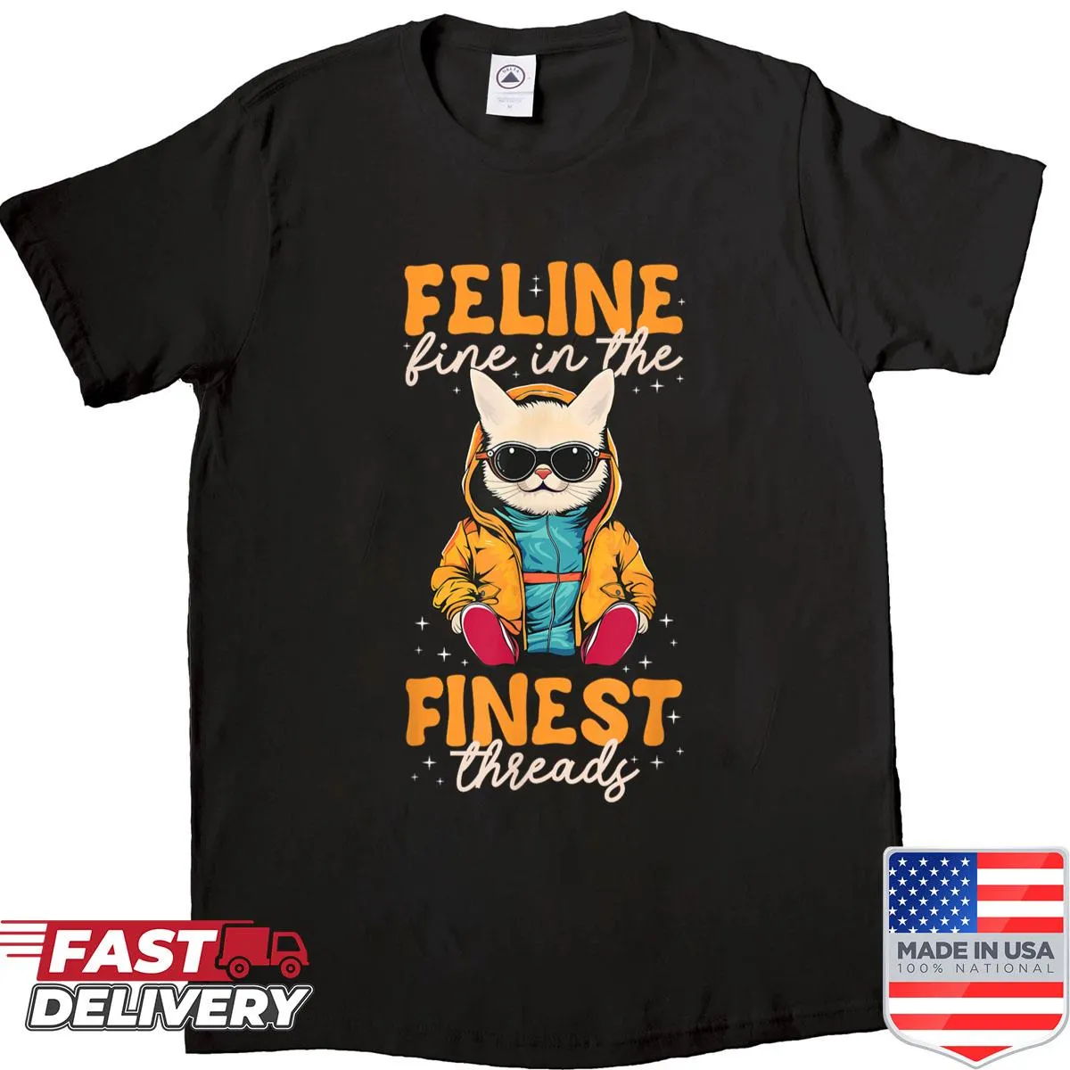 Cute T-shirt featuring a kitten meme that says 'Feline Fine.'