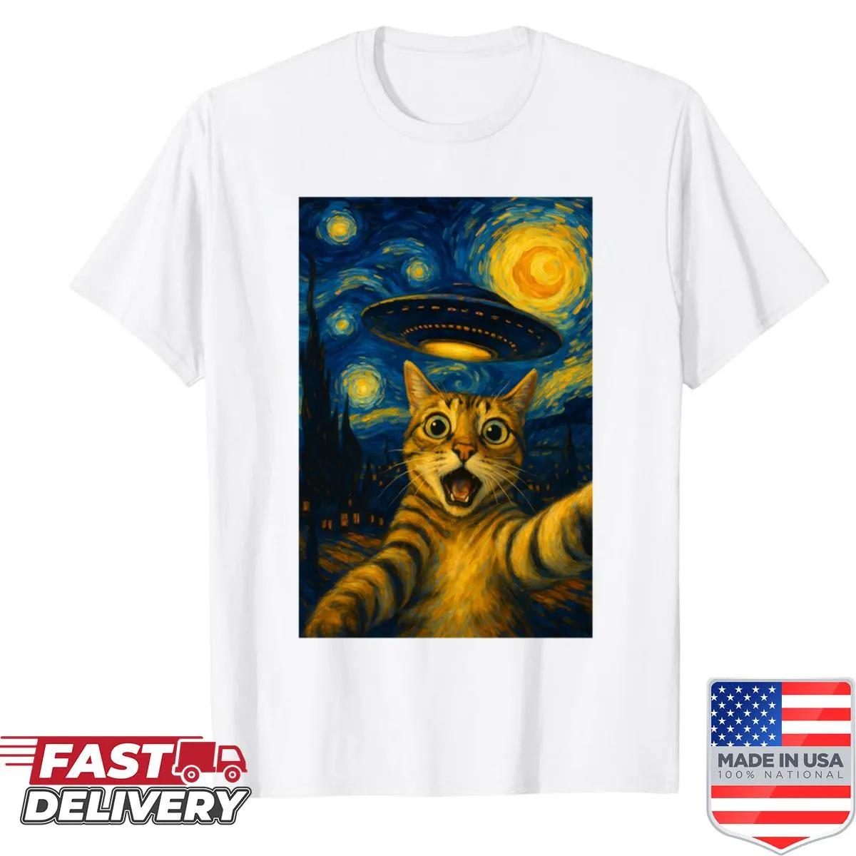 Cat selfie T-shirt with starry background and alien theme