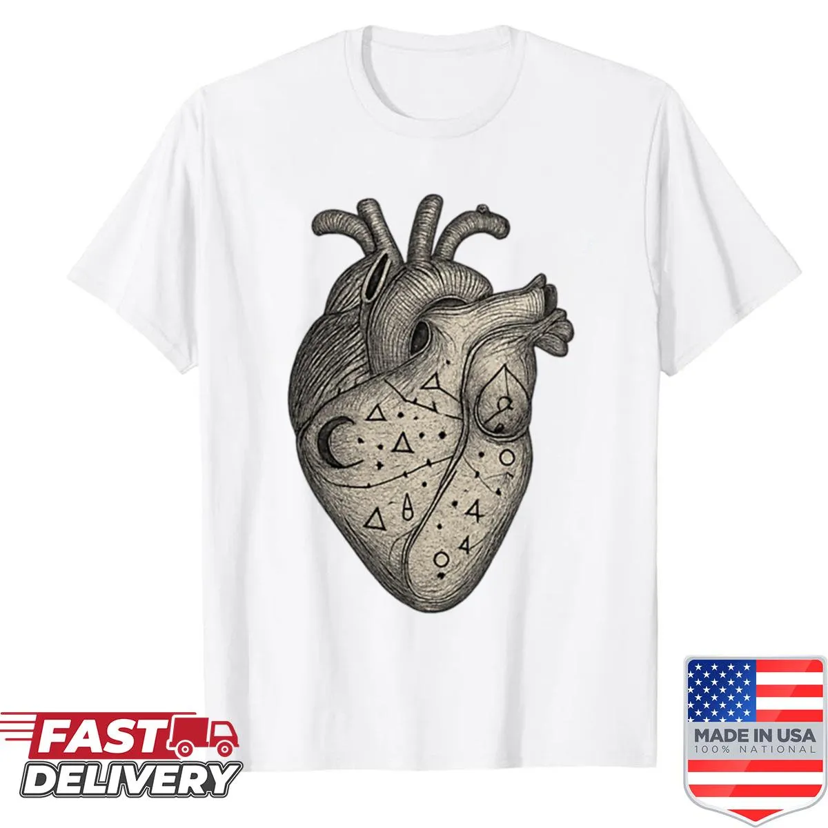 Vintage shirt with celestial anatomical heart engraving design