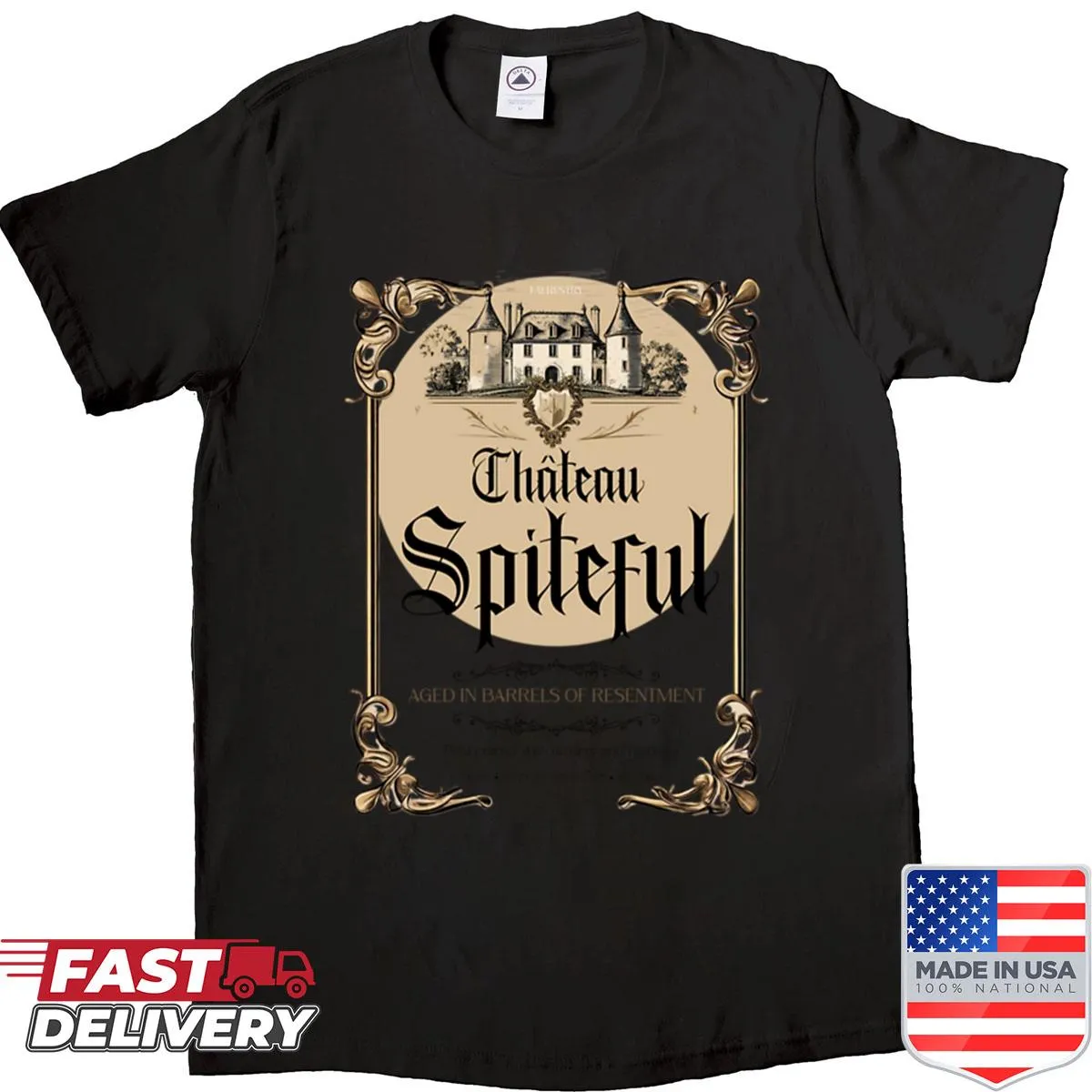 Vintage parody wine label graphic on a shirt