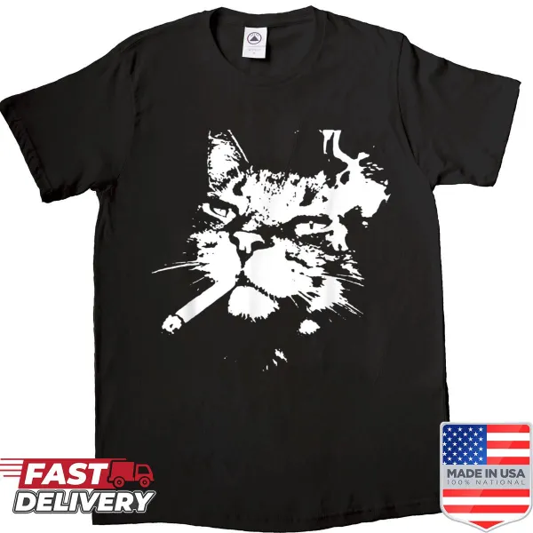 Cartoon kitten graphic with a humorous smoking theme
