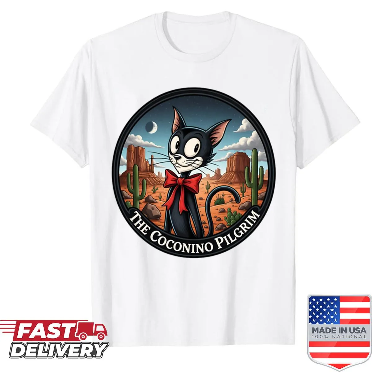 Cartoon desert cat in pilgrim attire on a playful T-shirt