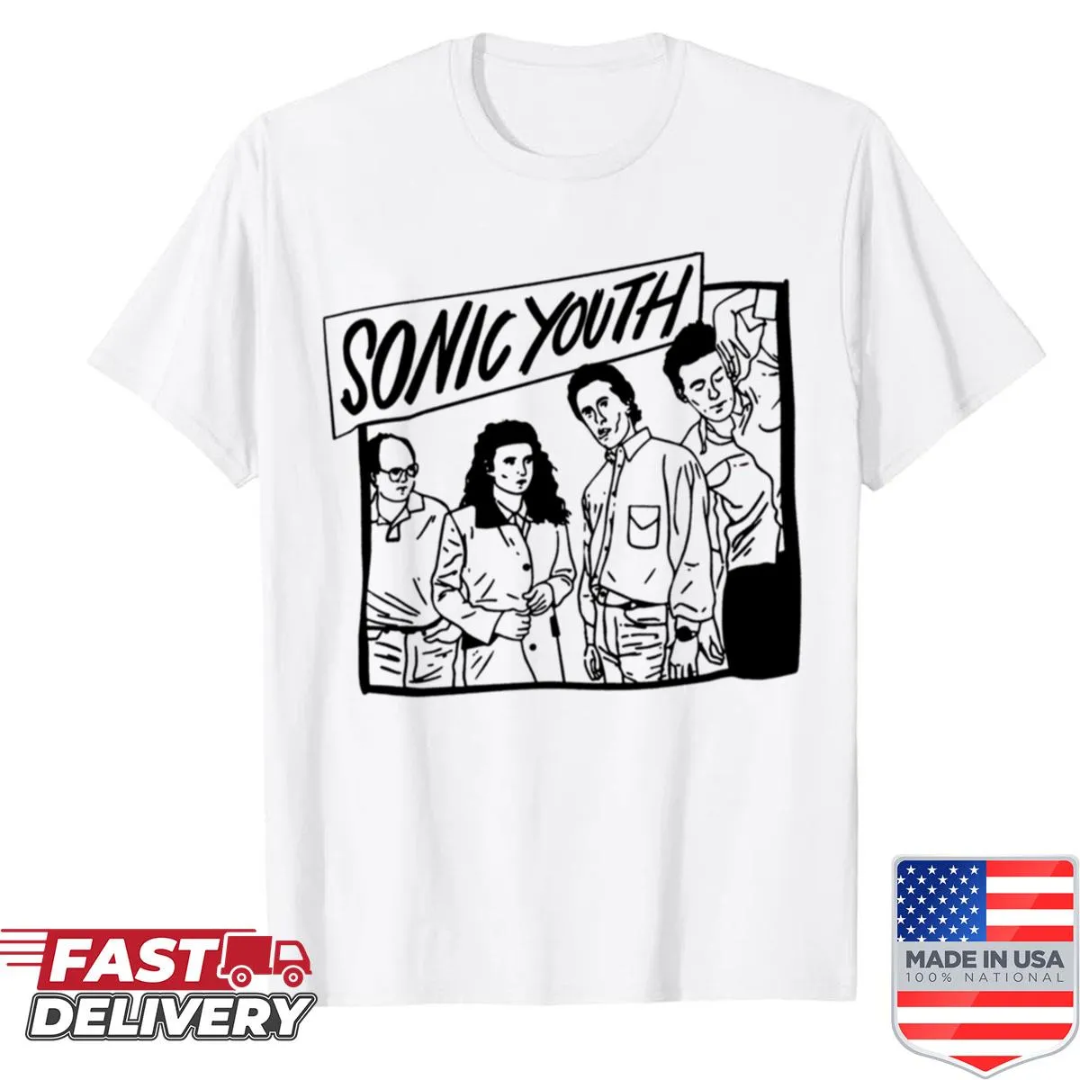 90s punk rock shirt featuring a comic-style band graphic