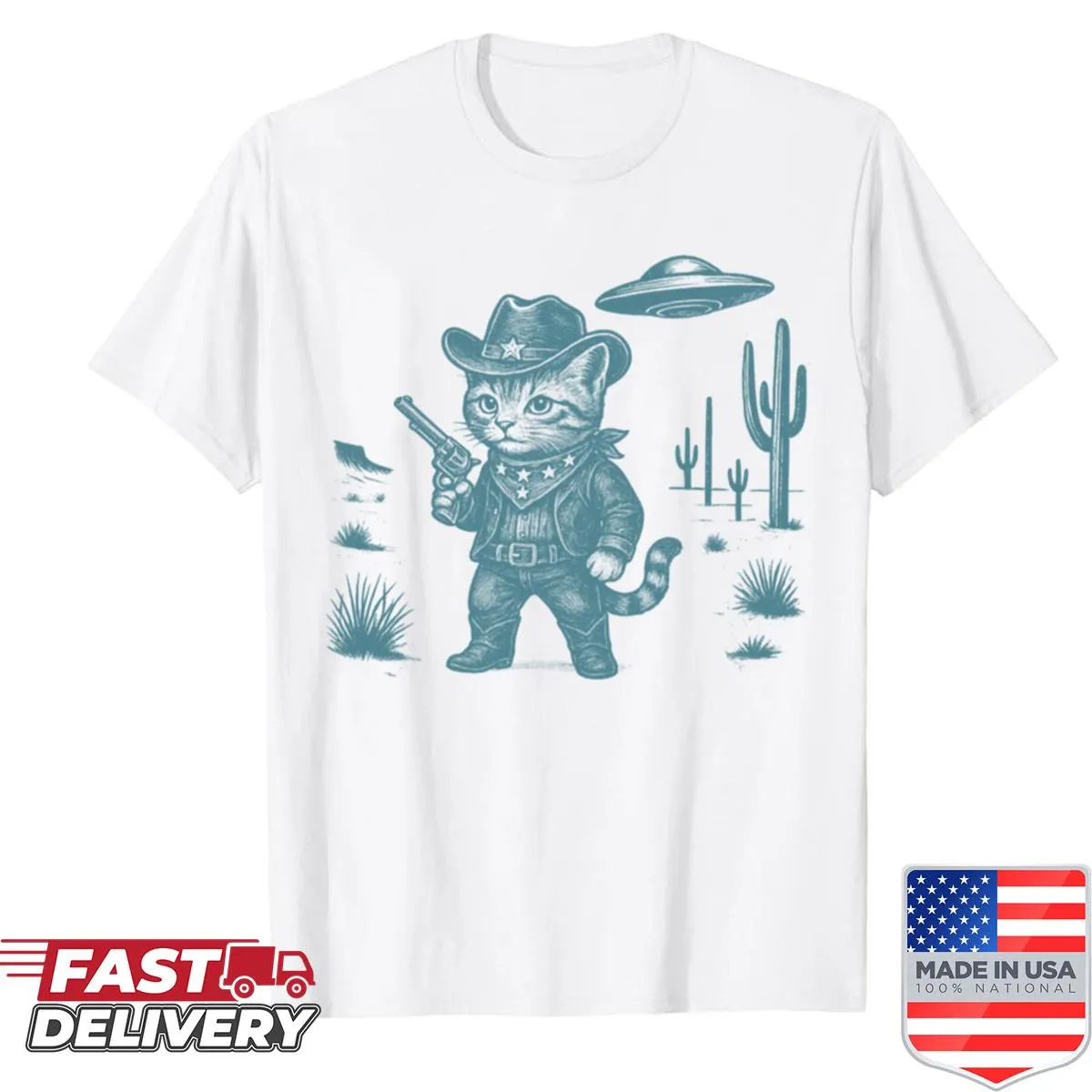 Vintage-style shirt with a cowboy cat and UFO illustration