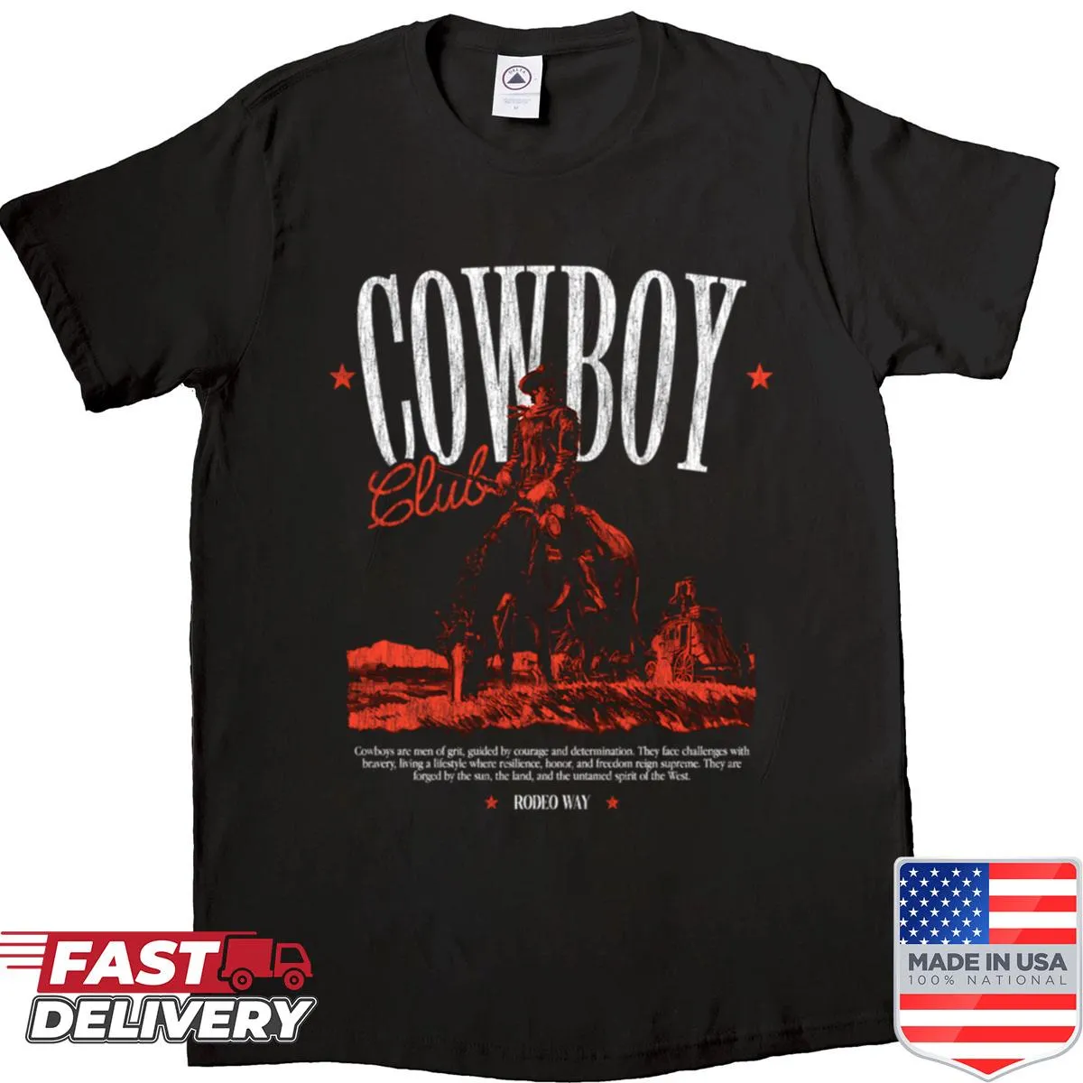 Playful cowboy-themed illustration on oversized shirt