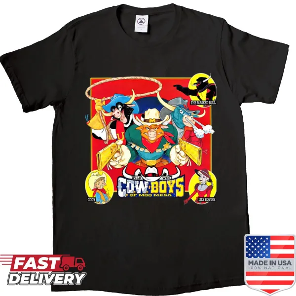 Cartoon graphic T-shirt inspired by Cowboys Of Moo Mesa for kids