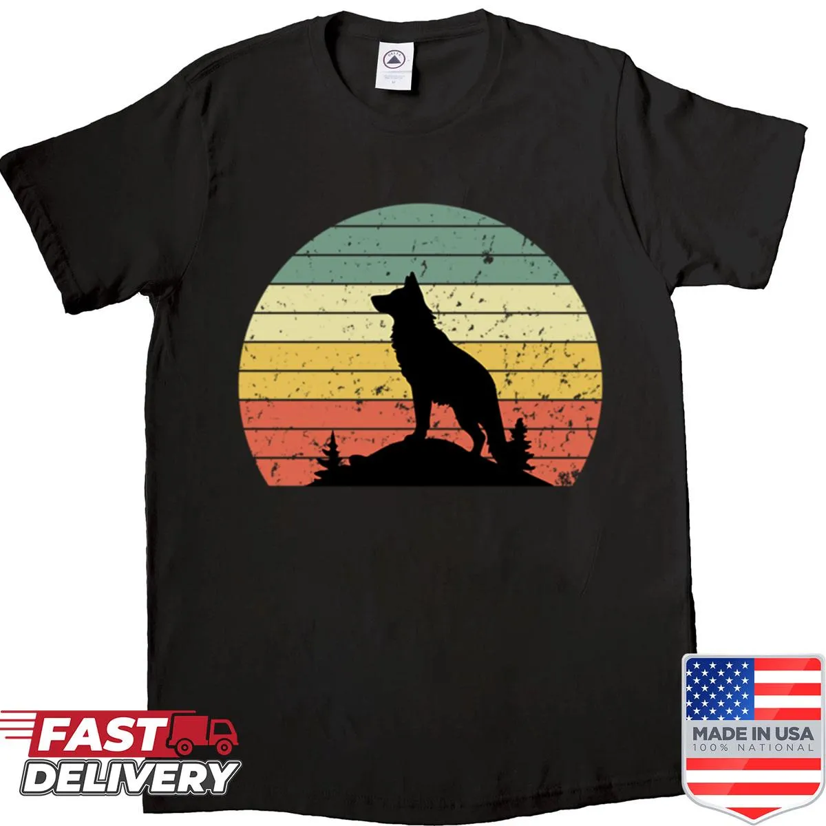Distressed graphic of a coyote against a sunset on a shirt