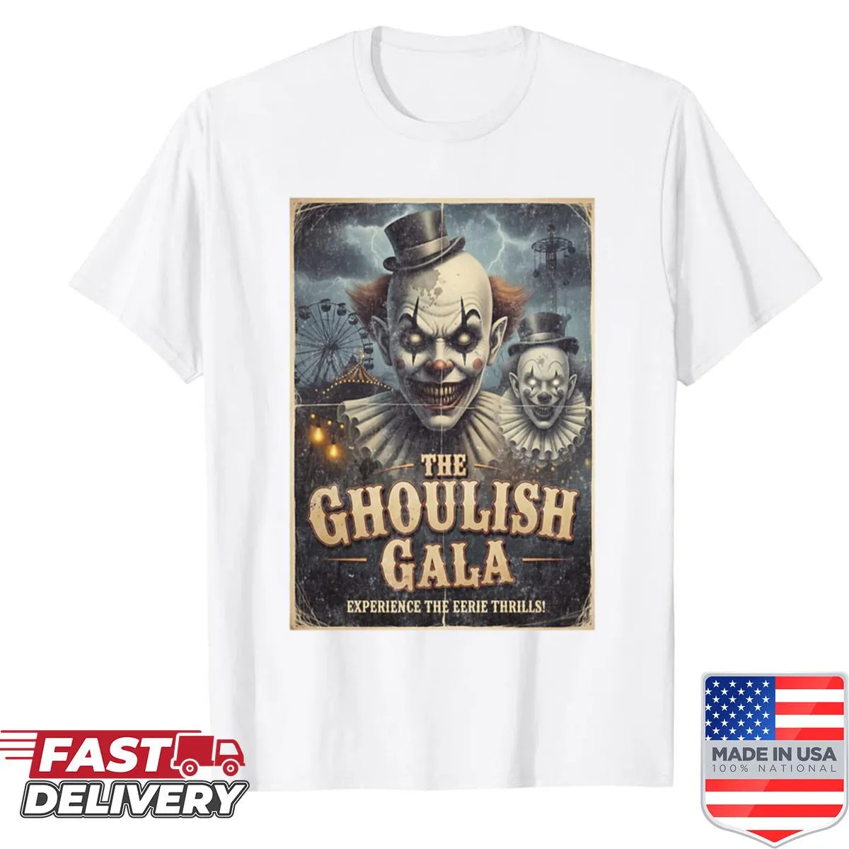 Creepy clown illustration shirt for horror enthusiasts