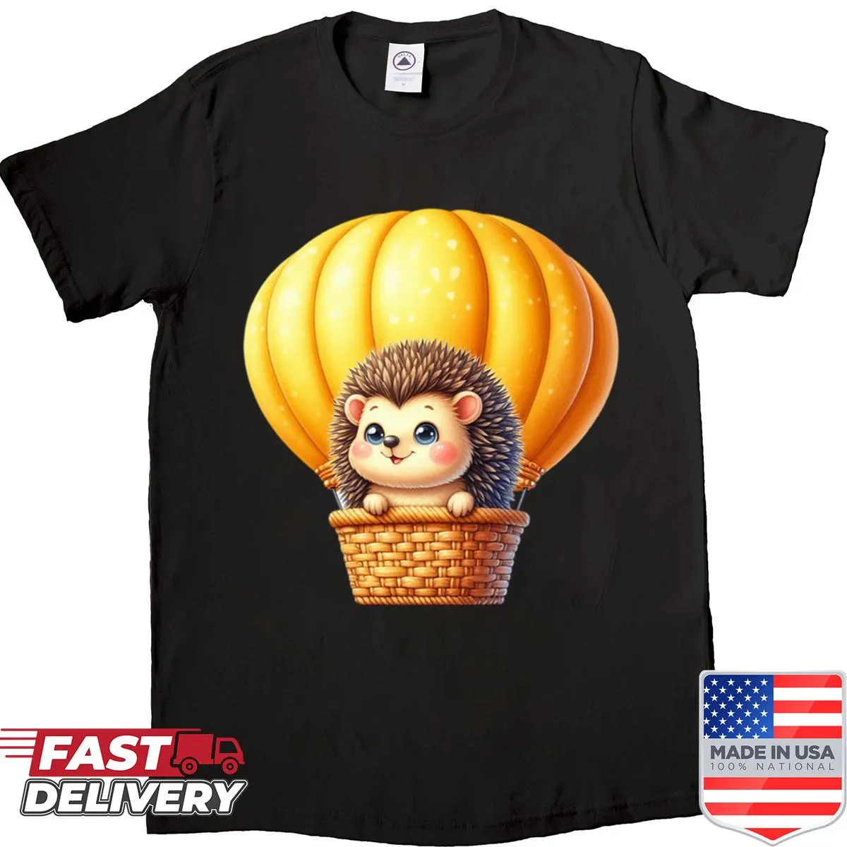 Illustration of a baby hedgehog in a hot air balloon