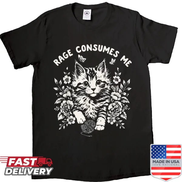 Funny kitty meme shirt with rage and flowers