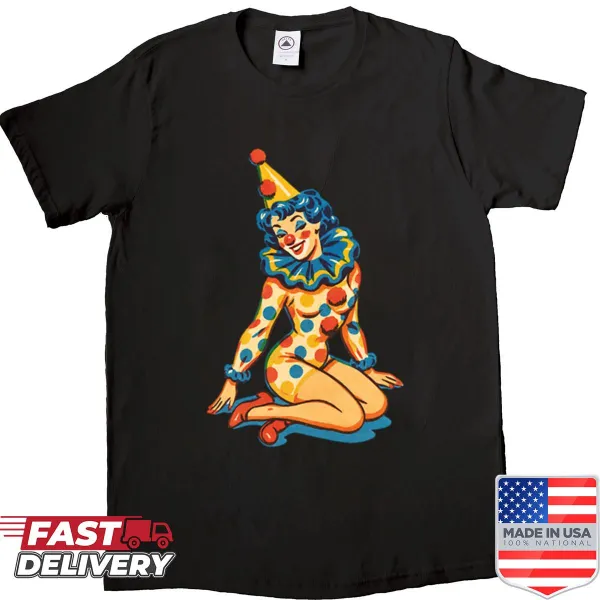 Vintage clown pinup girl design on an oversized shirt