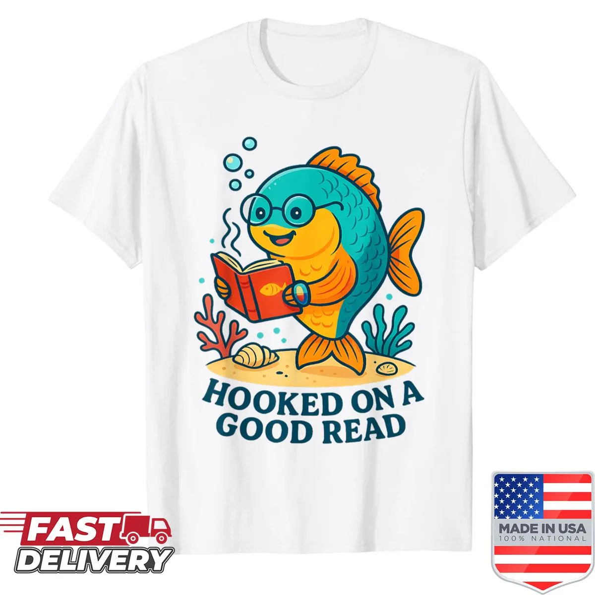 Cartoon fish with glasses reading a book on a humorous shirt