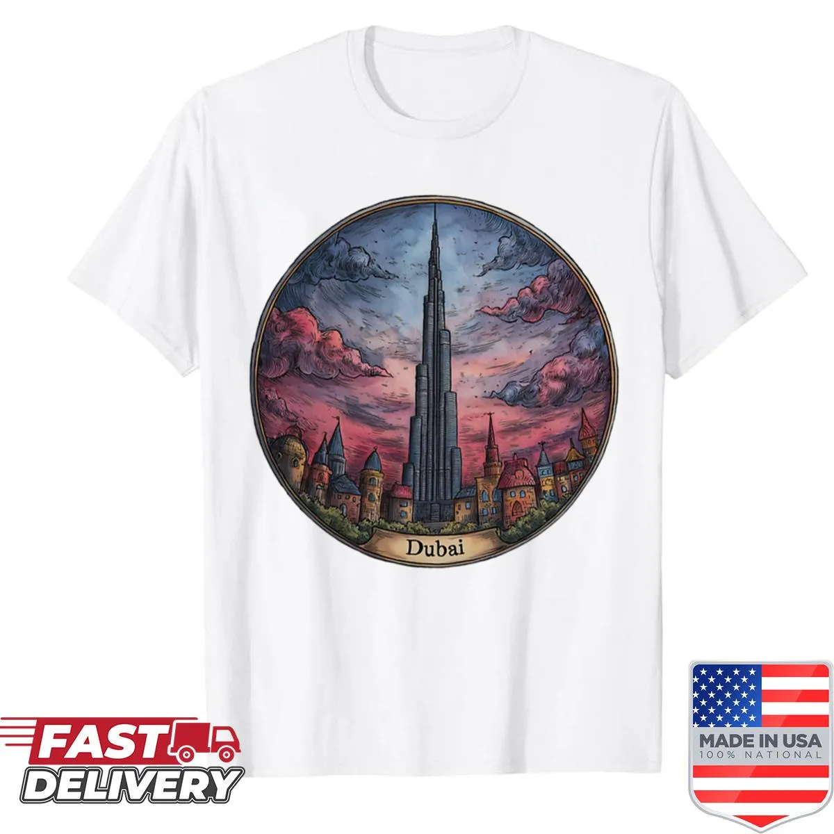 Oversized shirt featuring dark illustration of Burj Khalifa