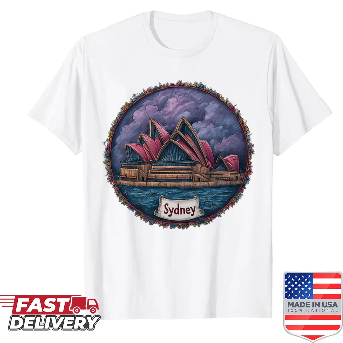 Dark illustrated Sydney Opera House t-shirt design