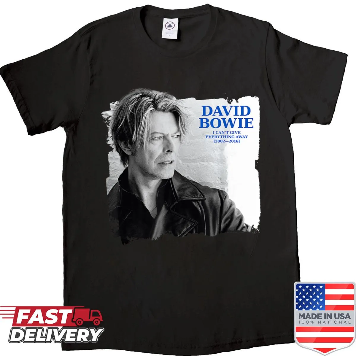 T-shirt featuring the phrase 'I Can't Give Everything Away' celebrating David Bowie