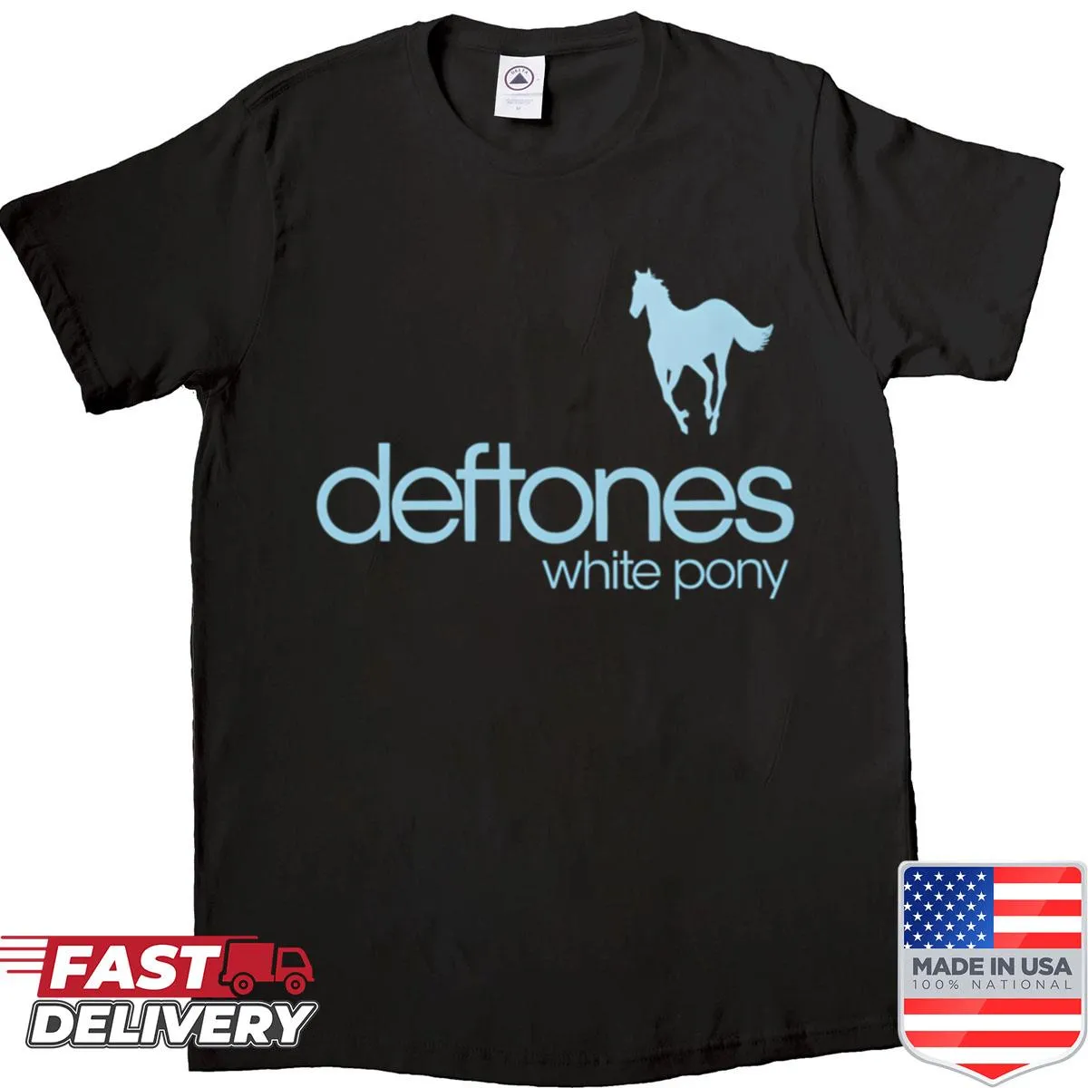 Typography shirt featuring Deftones White Pony title in cyan