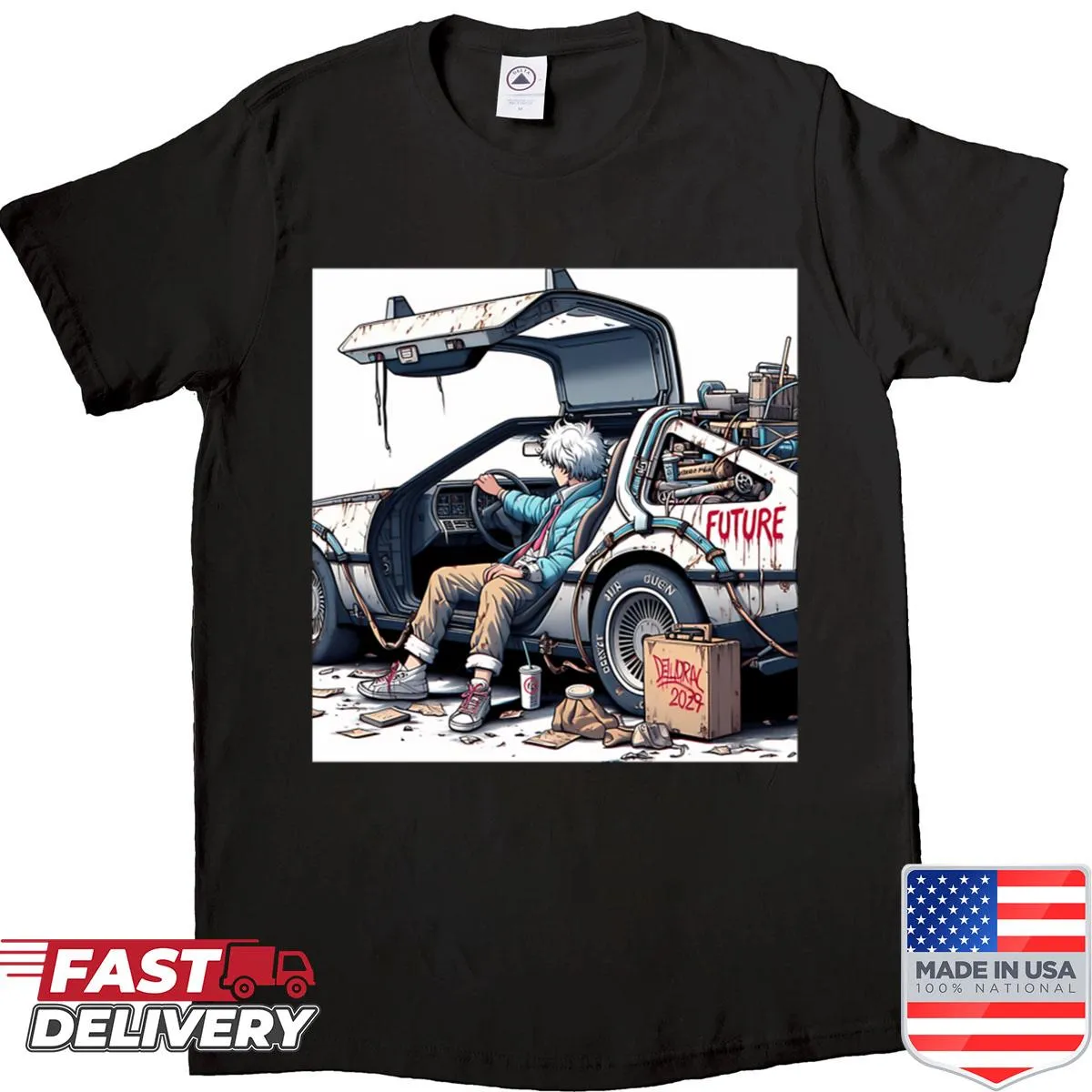 Boxy t-shirt featuring an iconic DeLorean design.