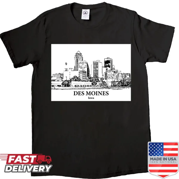 Illustrated Des Moines-themed t-shirt showcasing the city's charm