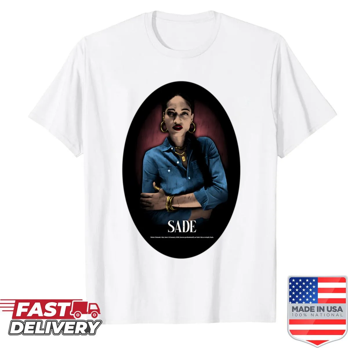 Vintage-style shirt featuring the name Sade in retro typography