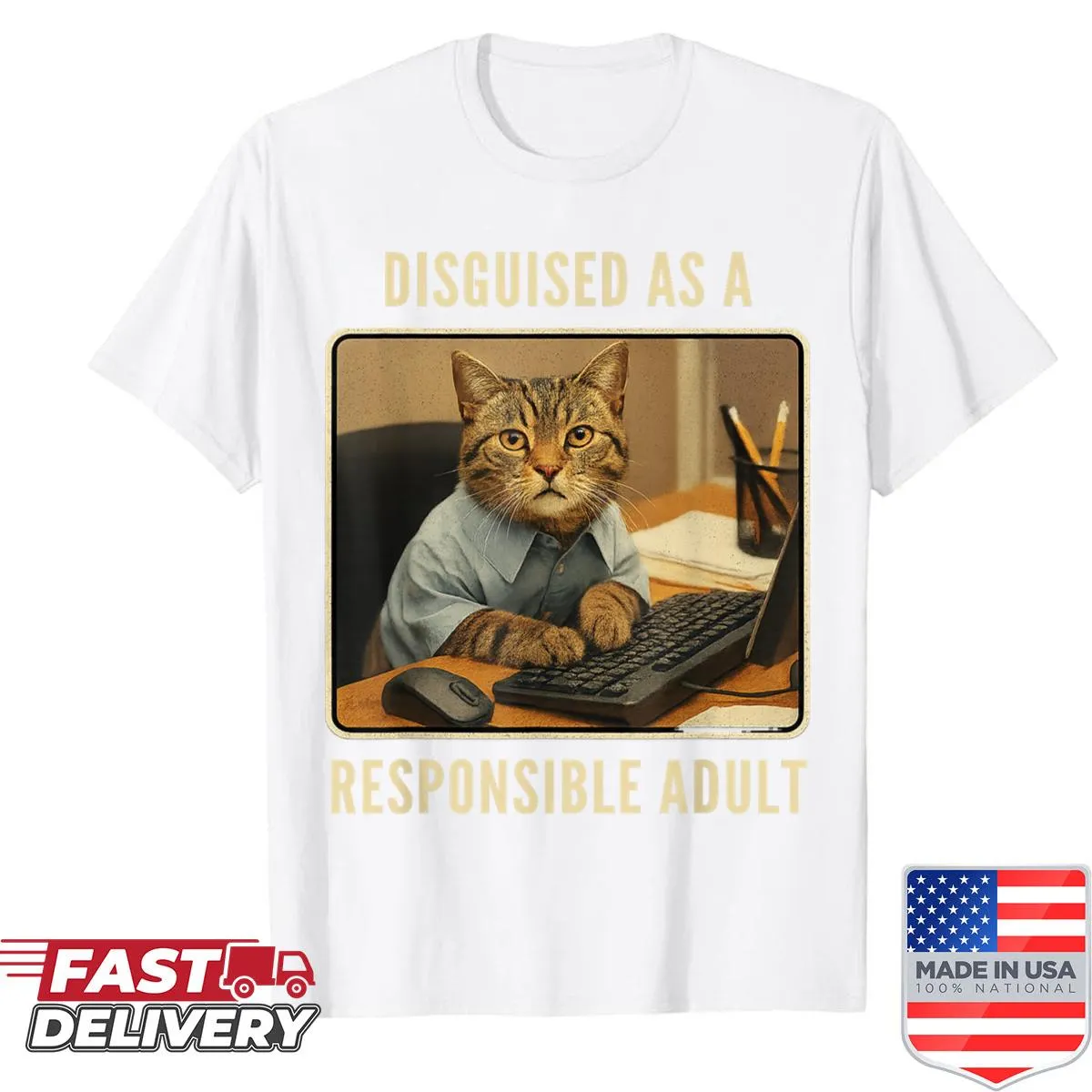 Funny cat-themed shirt with humorous text about adulthood