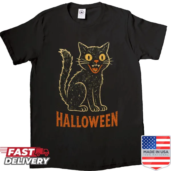 Distressed Halloween shirt featuring a playful black cat