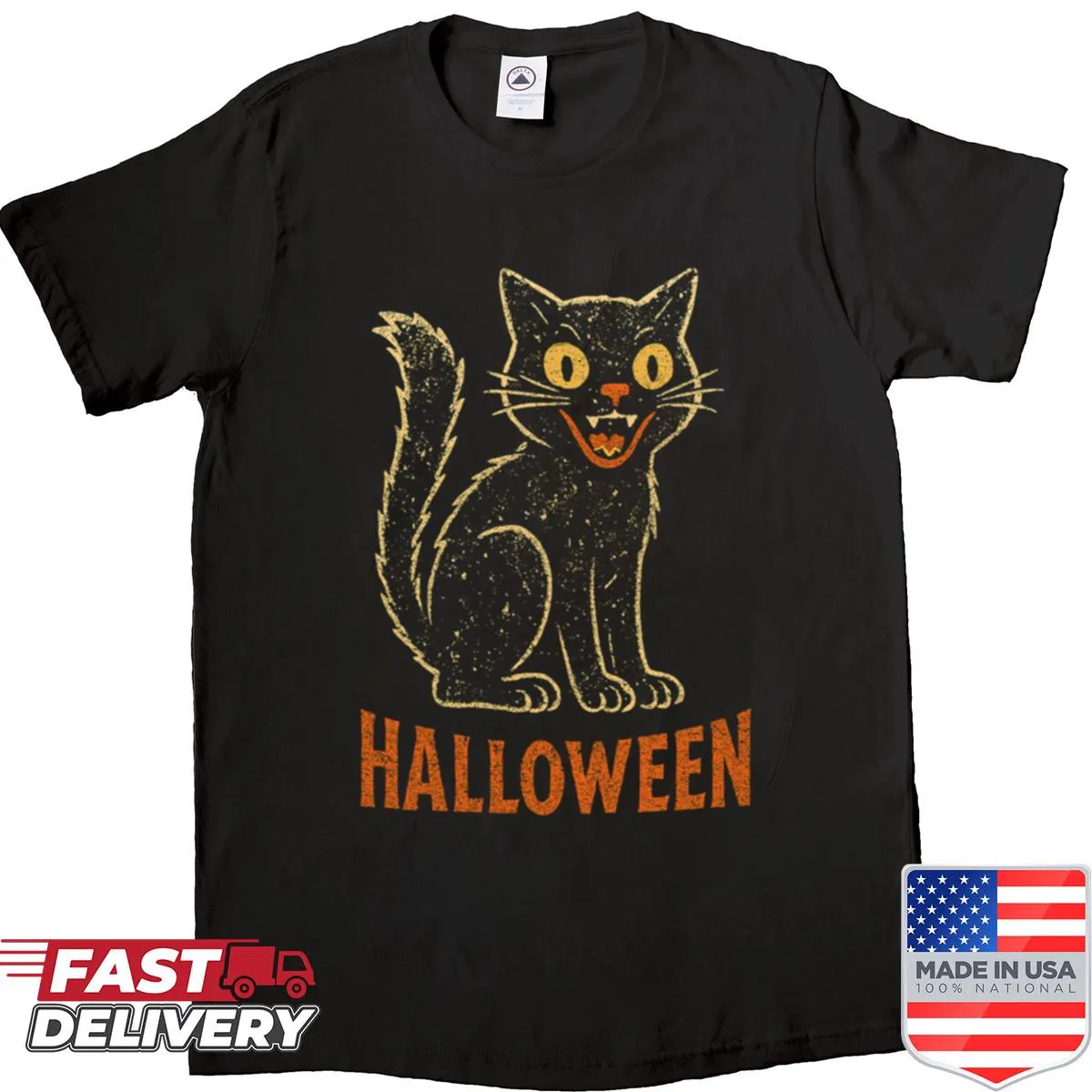 Distressed Halloween shirt featuring a playful black cat