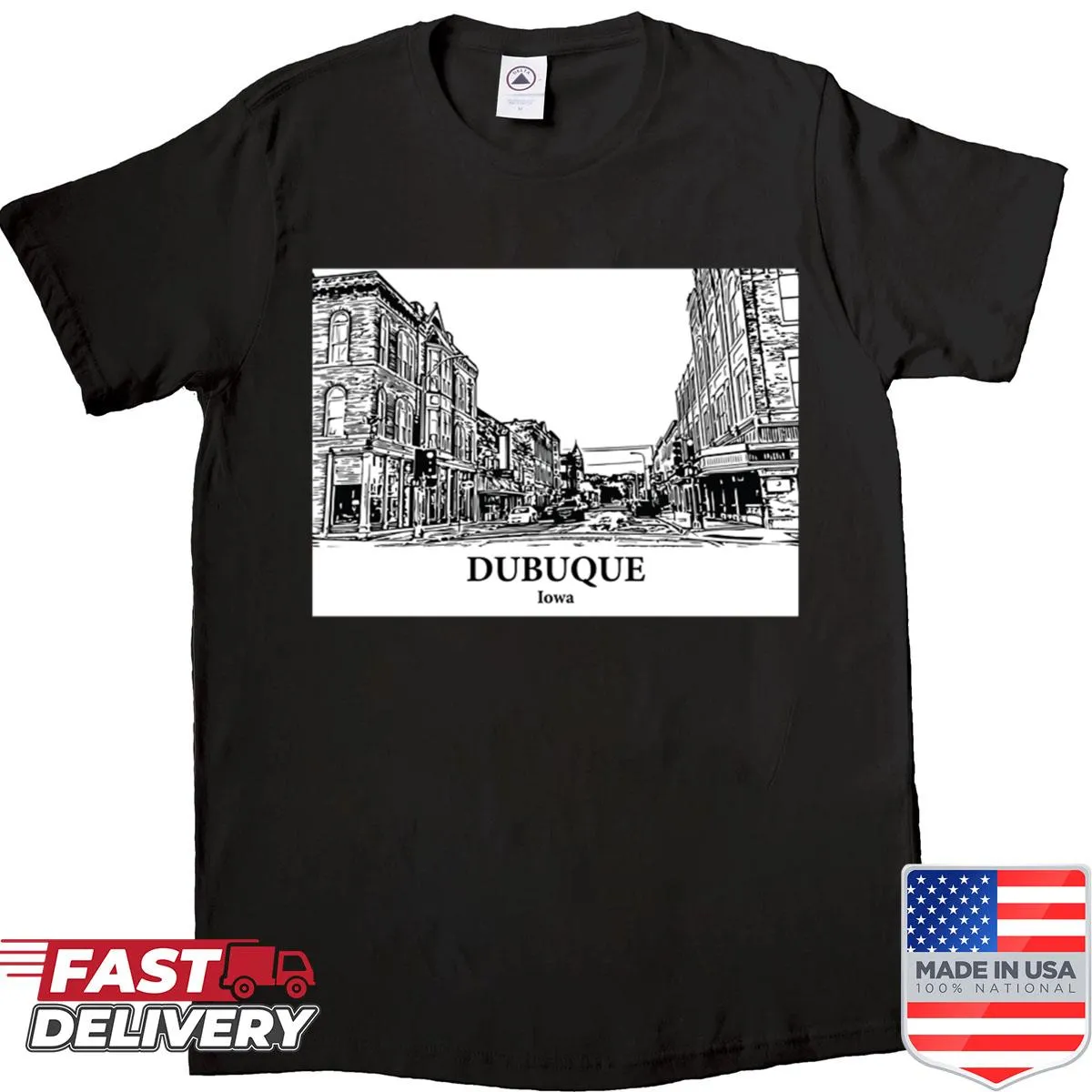 Vintage-style shirt featuring Dubuque, Iowa, with distressed design