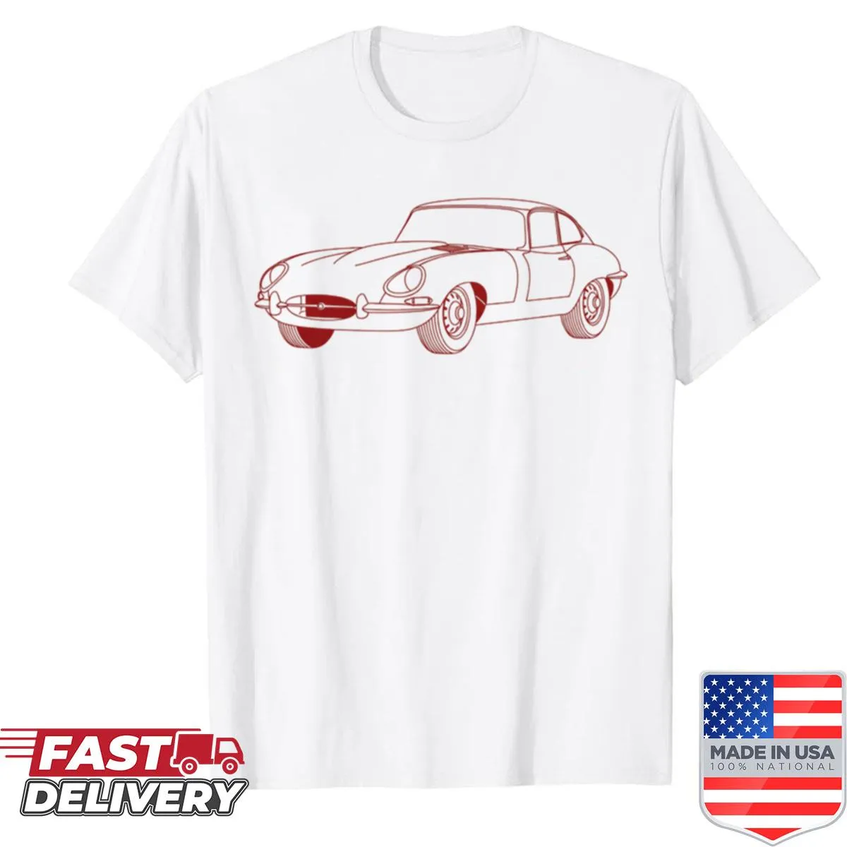 Illustration of E-type sports car in dark red outline