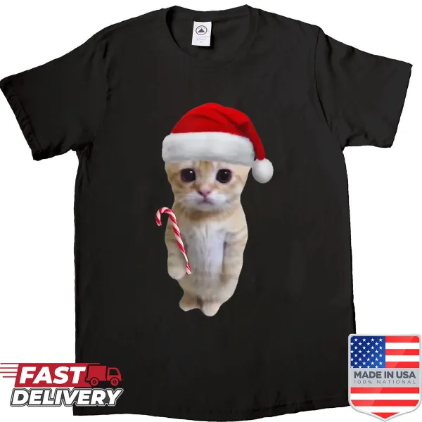 Meme cat in Santa hat and candy cane graphic on shirt