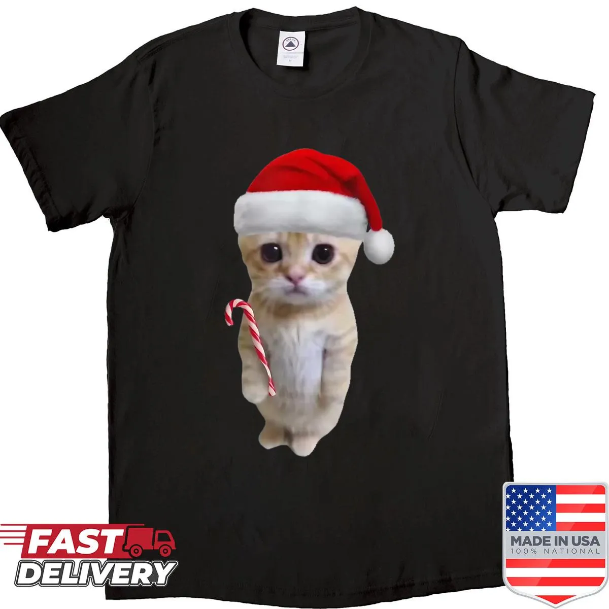 Meme cat in Santa hat and candy cane graphic on shirt
