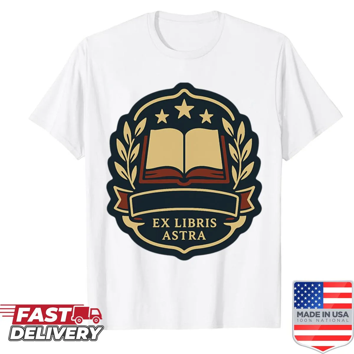 Vintage-style T-shirt with 'Ex Libris Astra' library crest design