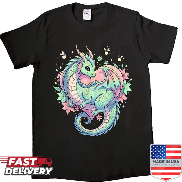 Shirt featuring a cute dragon surrounded by heart-shaped flowers
